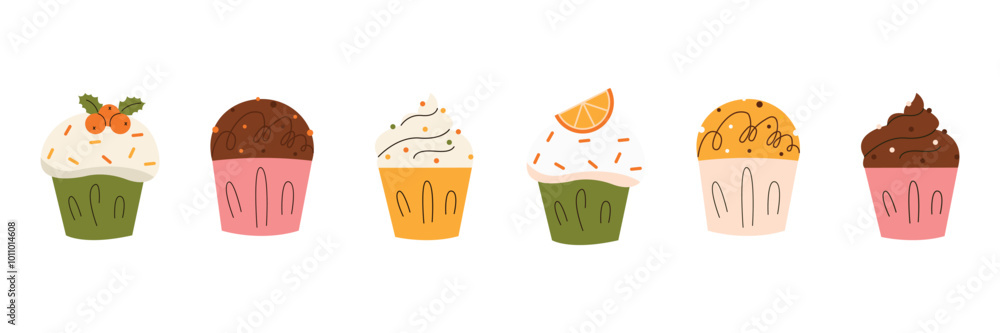 Flat vector illustration with cupcakes. Illustration with cupcakes, cream, chocolate. New Year cupcakes. Flat vector illustration with cupcakes. Illustration with cupcakes, cream, chocolate. New Year cupcakes.