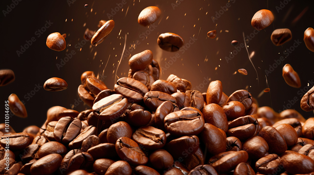 Coffee beans falling from the sky. coffee drink advertisement. roasted coffee beans Coffee beans falling from the sky. coffee drink advertisement. roasted coffee beans