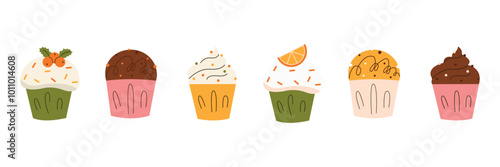 Flat vector illustration with cupcakes. Illustration with cupcakes, cream, chocolate. New Year cupcakes.