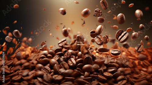 Coffee beans falling from the sky. coffee drink advertisement. roasted coffee beans photo