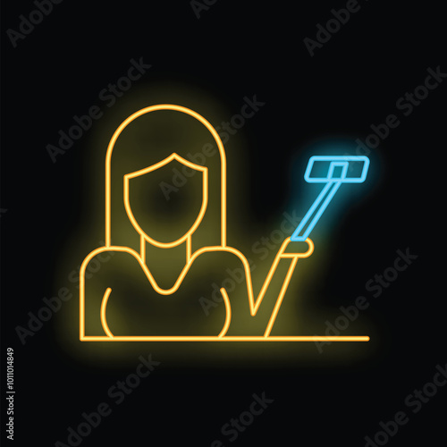 Neon sign of a woman holding a selfie stick and taking a selfie photo
