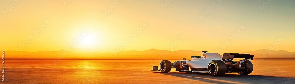 A sleek racing car parked against a breathtaking sunset, showcasing speed and elegance in a stunning outdoor landscape. A sleek racing car parked against a breathtaking sunset, showcasing speed and elegance in a stunning outdoor landscape.