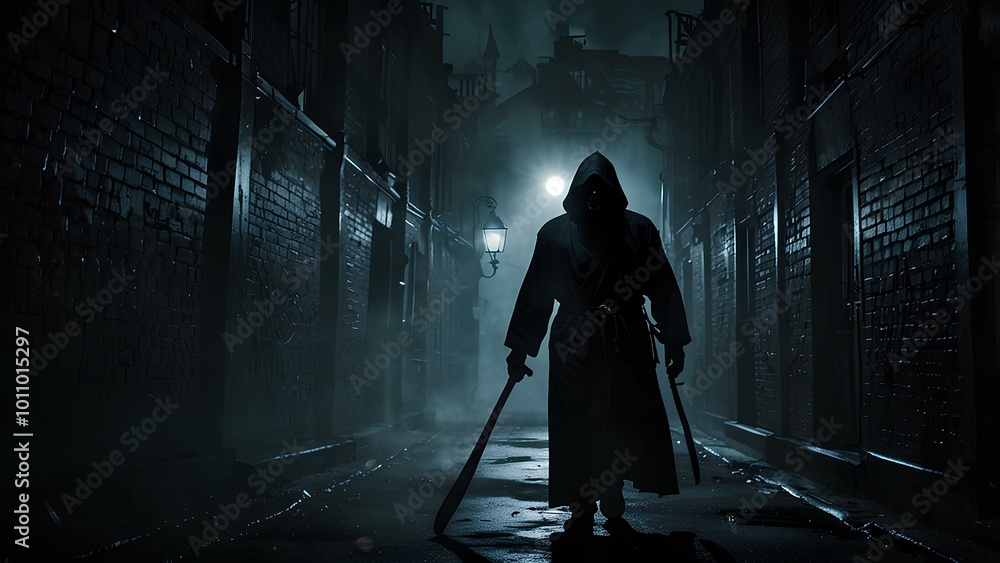 Grim Reaper Standing in a Dark, Smoky Alleyway Dimly Lit by Flickering Streetlights Grim Reaper Standing in a Dark, Smoky Alleyway Dimly Lit by Flickering Streetlights