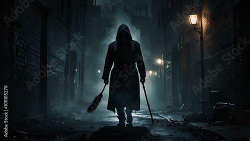 Grim Reaper Standing in a Dark, Smoky Alleyway Dimly Lit by Flickering Streetlights photo