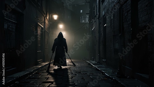 Grim Reaper Standing in a Dark, Smoky Alleyway Dimly Lit by Flickering Streetlights photo