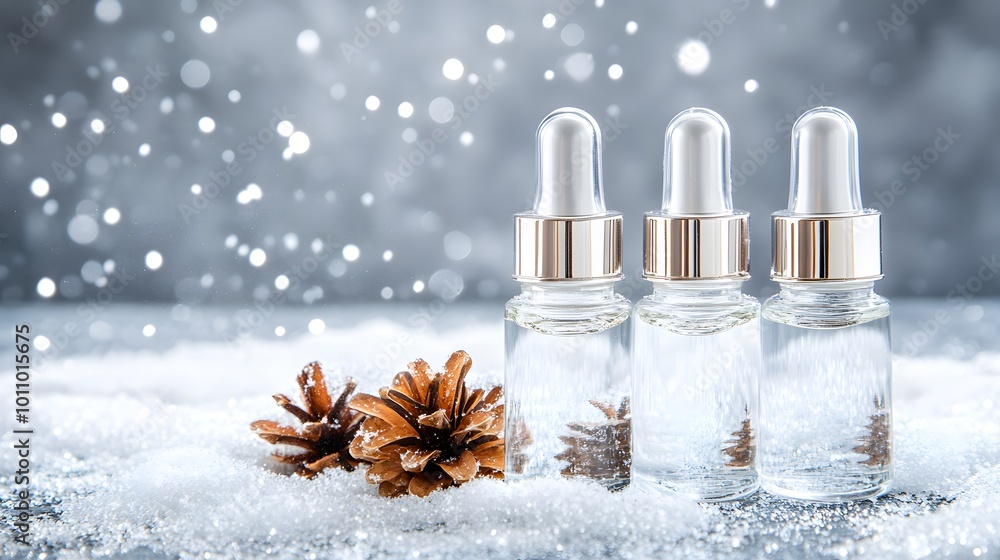 Three elegant glass dropper bottles sit on a snowy surface, accented by pinecones, creating a serene winter scene. Three elegant glass dropper bottles sit on a snowy surface, accented by pinecones, creating a serene winter scene.