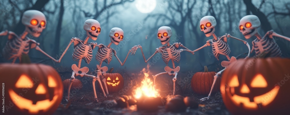Obraz premium A spooky Halloween scene featuring playful skeletons gathered around a campfire with carved pumpkins.
