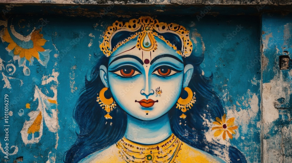 A close-up of a Krishna mural in a tribal village, featuring local motifs A close-up of a Krishna mural in a tribal village, featuring local motifs