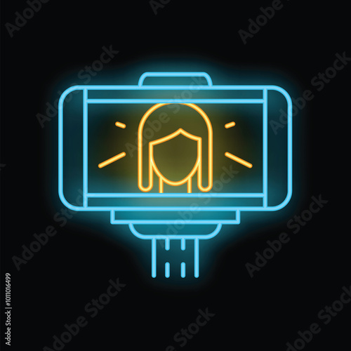 Neon icon of a smartphone on a selfie stick taking a selfie of a woman