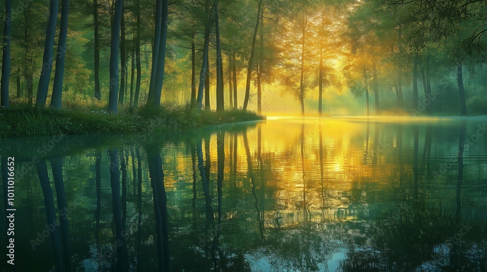 A serene dawn forest with golden rays, tranquil waters, and vibrant reflections invites nature's beauty. A serene dawn forest with golden rays, tranquil waters, and vibrant reflections invites nature's beauty.