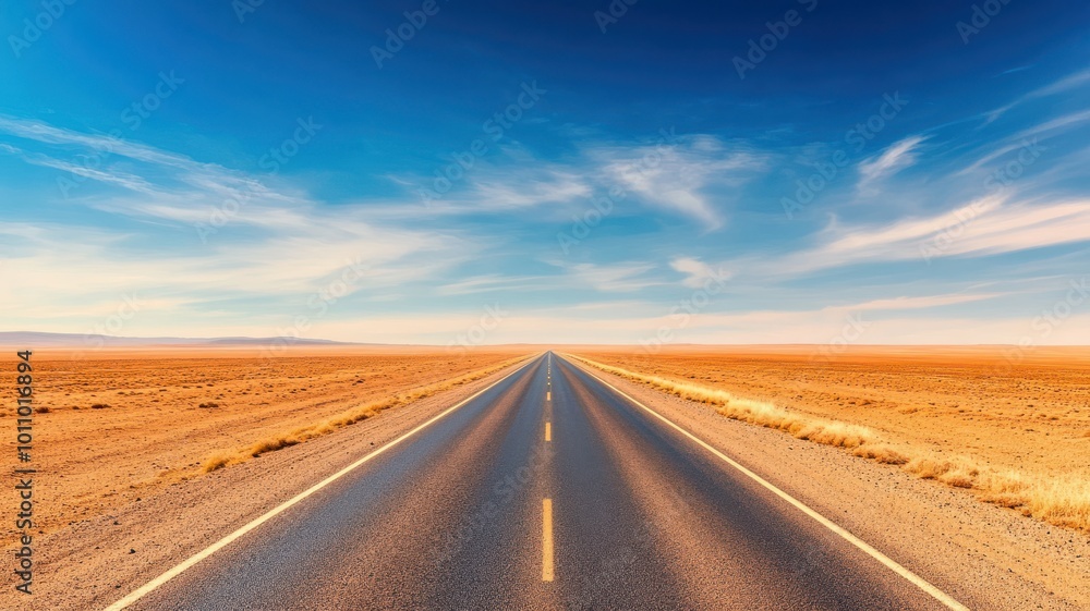 Fototapeta premium A stunning desert road stretching into the horizon under a bright blue sky, perfect for travel and adventure concepts.