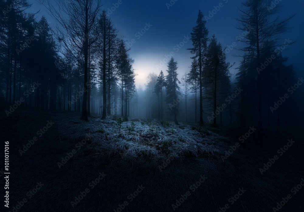 Naklejka premium A dark, mysterious forest with tall trees silhouetted against a foggy, blue sky.