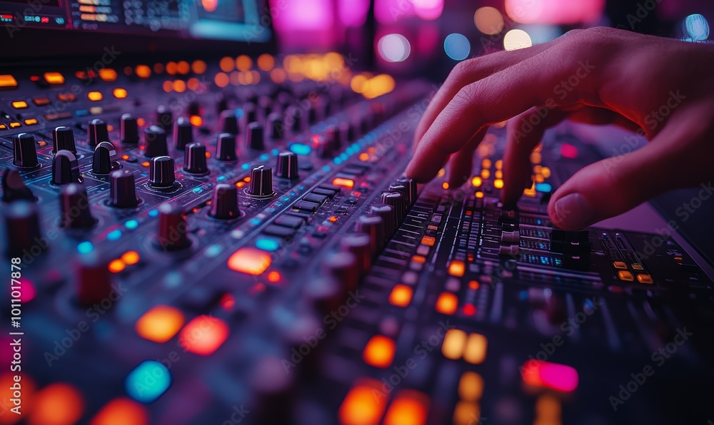 A close-up of a hand adjusting controls on a colorful sound mixer in a vibrant studio. A close-up of a hand adjusting controls on a colorful sound mixer in a vibrant studio.