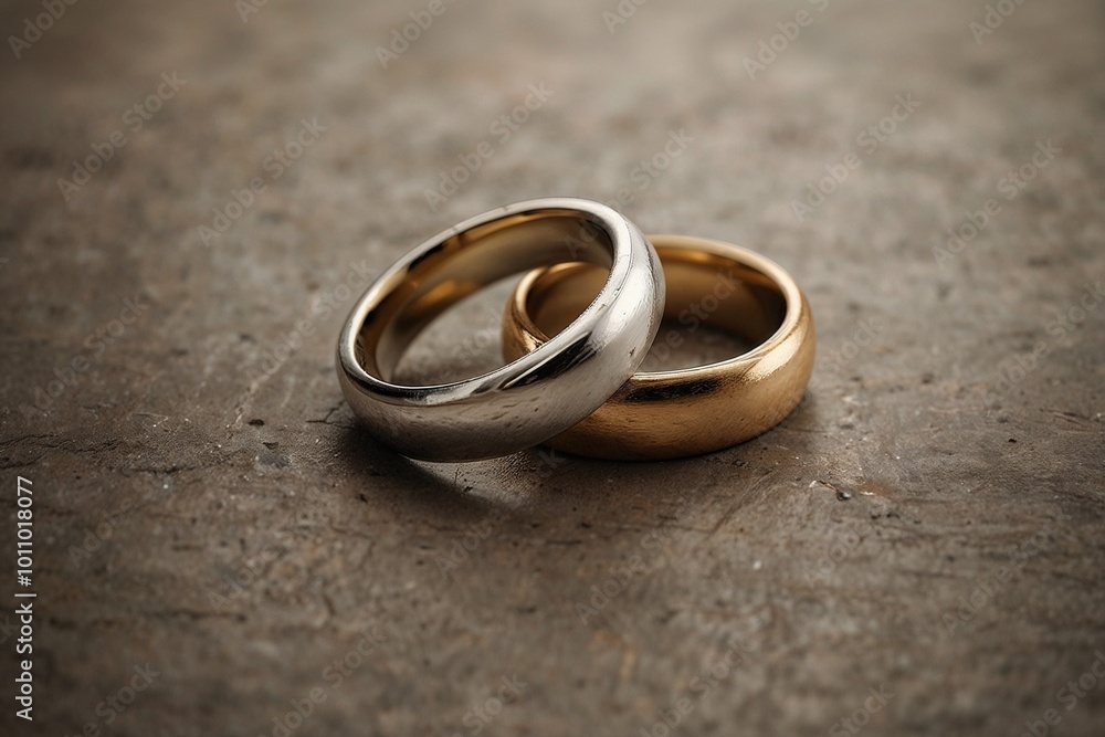 Precious wedding rings in gold and silver symbolizing eternal love and commitment against textured background Precious wedding rings in gold and silver symbolizing eternal love and commitment against textured background