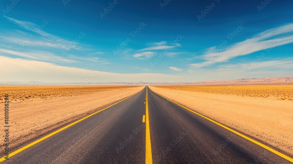 Fototapeta premium A stunning view of an empty road stretching into the horizon, surrounded by vast desert and vibrant blue sky.
