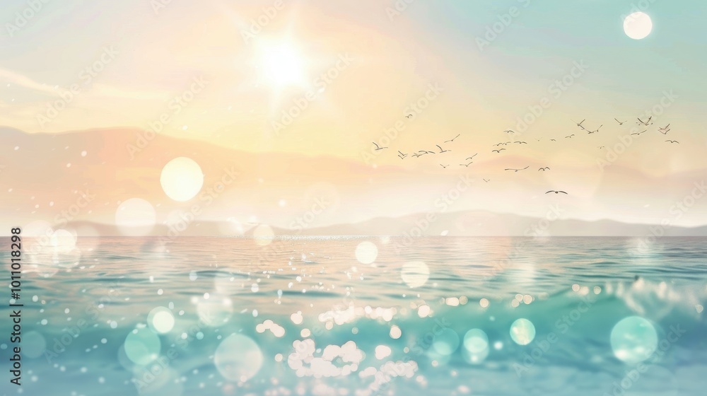 Fototapeta premium Peaceful Summer Reflection: Birds Circling Over the Calm Sea, Ideal for Travel, Rest, and Tranquil Nature Designs
