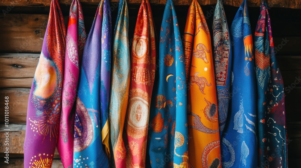 A Krishna-inspired scarf collection with digital prints, combining vibrant colors with sacred symbols A Krishna-inspired scarf collection with digital prints, combining vibrant colors with sacred symbols