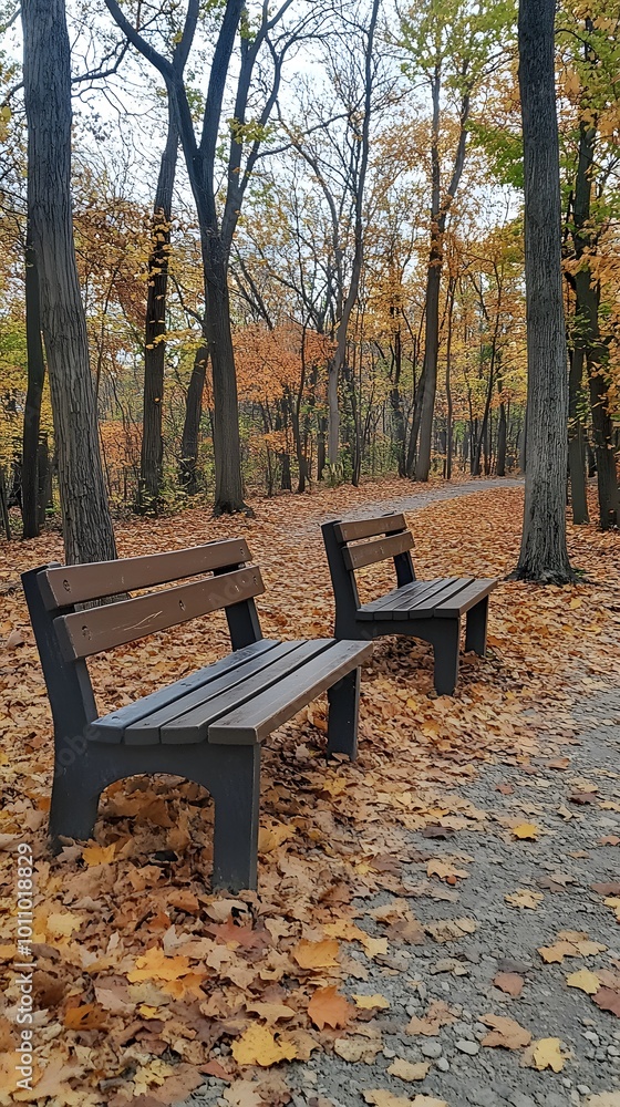 A photograph of two wooden benches placed on an autumn park path, surrounded by fallen leaves in shades of orange and brown A photograph of two wooden benches placed on an autumn park path, surrounded by fallen leaves in shades of orange and brown
