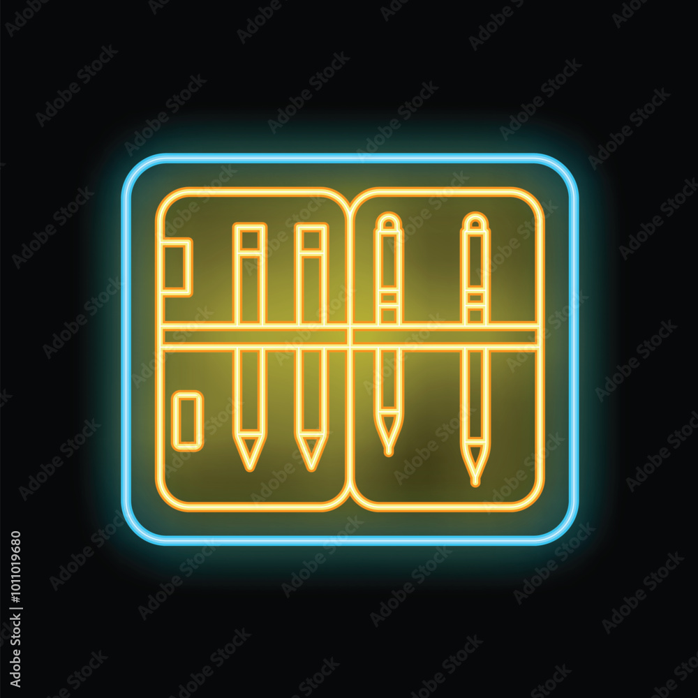 Bright yellow neon icon of a pen and pencil case is glowing on dark background Bright yellow neon icon of a pen and pencil case is glowing on dark background