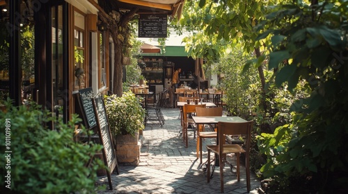 A charming outdoor caf where patrons enjoy sweetmeats with coffee, surrounded by greenery and warm sunlight.