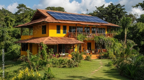 An eco-friendly Krishna retreat center focused on sustainability, with solar panels, composting toilets photo