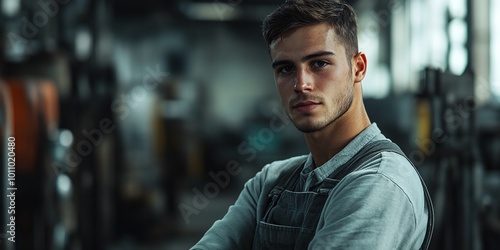 portrait of a male factory worker looking at the camera, skilled professional in industrial manufacturing, confident pose in a worksite environment, showcasing expertise and production skills