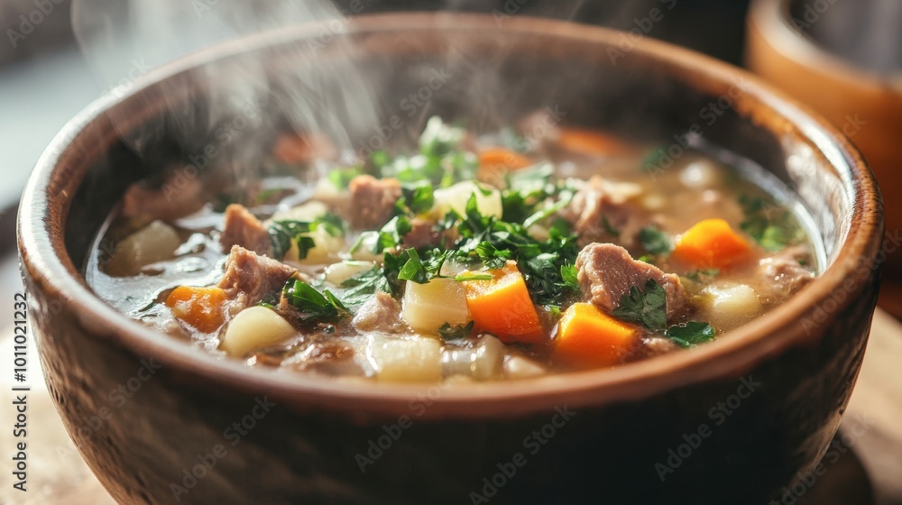 A close-up of a steaming bowl of Northern-style soup filled with fresh herbs, root vegetables, and chunks of meat, highlighting the dish's comforting nature. A close-up of a steaming bowl of Northern-style soup filled with fresh herbs, root vegetables, and chunks of meat, highlighting the dish's comforting nature.