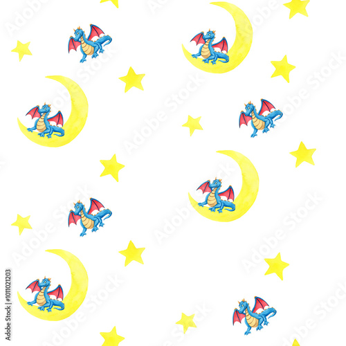 Seamless pattern with yellow moon and stars and blue dragon. Watercolor illustration on white background. For wrapping paper, textile, wallpaper