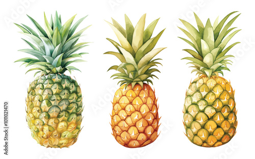 Watercolor pineapples tropical fruits hand drawn illustration isolated on white background set