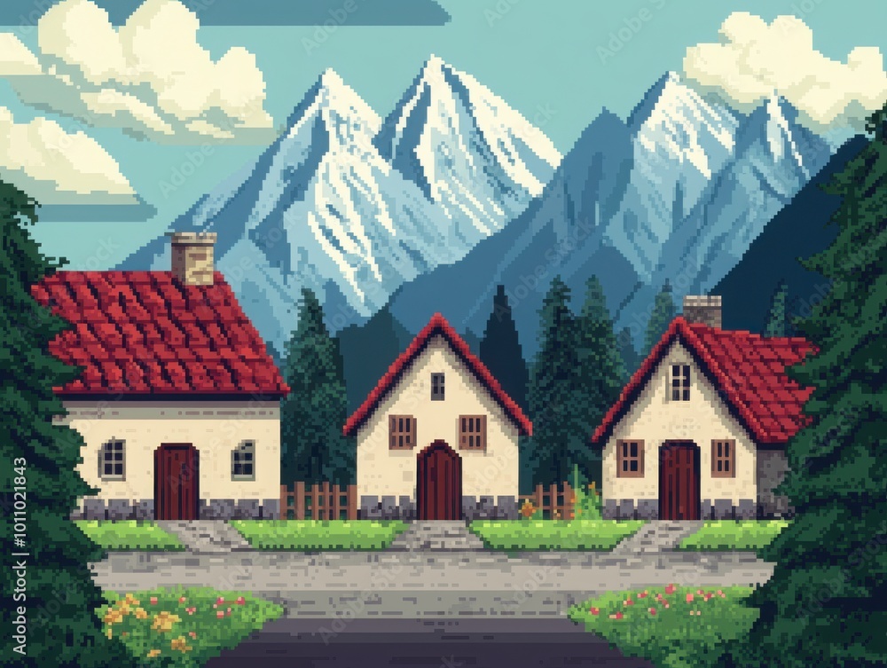 A charming pixel art scene featuring quaint houses nestled among towering mountains and lush trees under a bright sky. A charming pixel art scene featuring quaint houses nestled among towering mountains and lush trees under a bright sky.