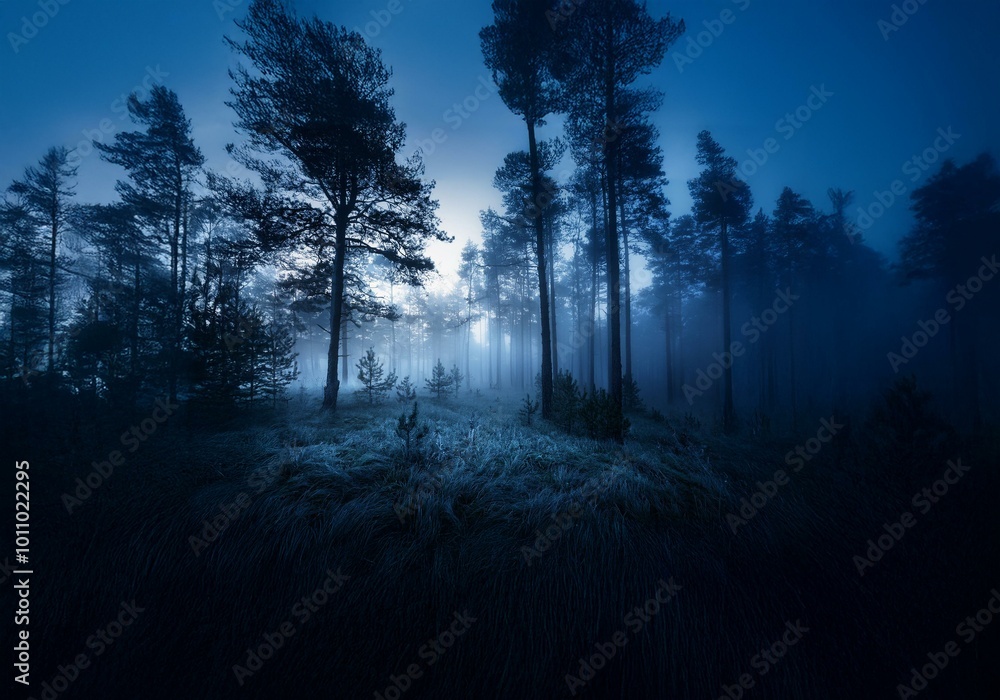Tall trees stand tall in a dark forest, their silhouettes a stark contrast to the foggy blue sky above. Tall trees stand tall in a dark forest, their silhouettes a stark contrast to the foggy blue sky above.