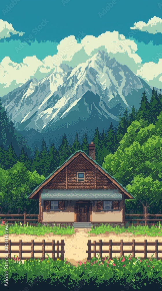 A charming wooden house nestled among lush greenery with a backdrop of majestic mountains and a bright blue sky. A charming wooden house nestled among lush greenery with a backdrop of majestic mountains and a bright blue sky.