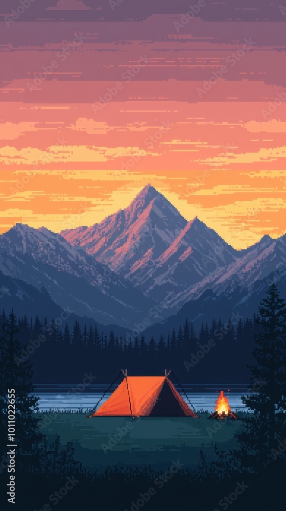 A serene campsite at sunset by a lake, with a tent and campfire framed by majestic mountains and lush trees. A serene campsite at sunset by a lake, with a tent and campfire framed by majestic mountains and lush trees.