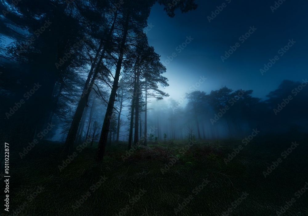 A mysterious forest shrouded in fog at twilight. A mysterious forest shrouded in fog at twilight.