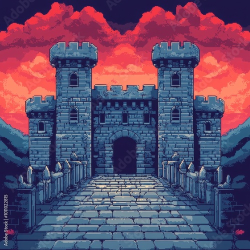 A pixel-art fortress stands against a vibrant sunset, featuring stone walls, turrets, and a grand arched entrance, evoking a sense of adventure and mystery. photo