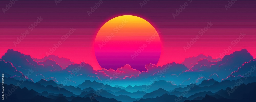 A vibrant sunset over stylized mountains, featuring bold colors of pink, orange, and blue, creating a surreal, dreamy landscape. A vibrant sunset over stylized mountains, featuring bold colors of pink, orange, and blue, creating a surreal, dreamy landscape.