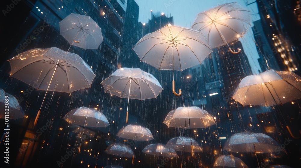 Illuminated white umbrellas suspended in a rainy urban setting at dusk. Illuminated white umbrellas suspended in a rainy urban setting at dusk.