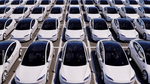 An aerial view over a vast parking lot filled with unsold new white electric vehicles.