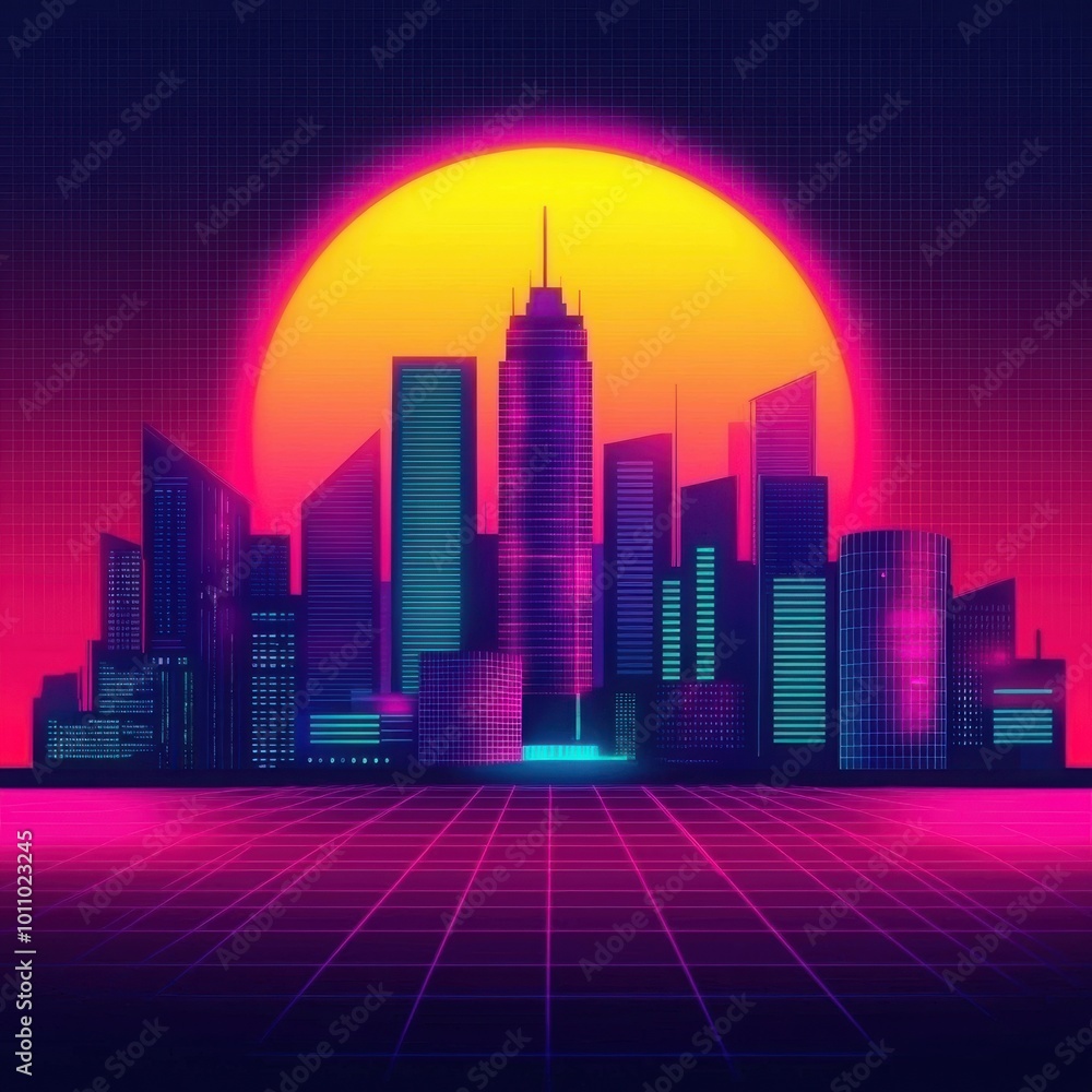 A vibrant, futuristic cityscape with a large sun setting behind modern skyscrapers, featuring neon colors and a retro digital grid. A vibrant, futuristic cityscape with a large sun setting behind modern skyscrapers, featuring neon colors and a retro digital grid.