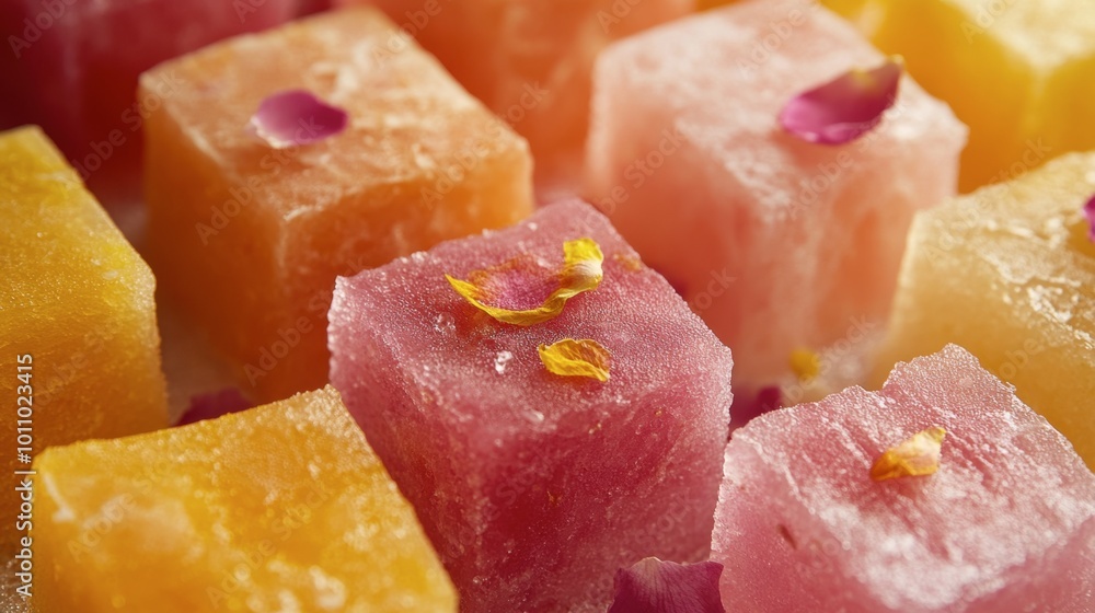 A close-up of sweetmeats made from exotic ingredients like rose petals and saffron, showcasing their unique textures. A close-up of sweetmeats made from exotic ingredients like rose petals and saffron, showcasing their unique textures.