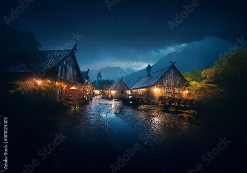 A small village nestled in a valley, shrouded in darkness and rain. The lights from the wooden buildings reflect in the water. photo