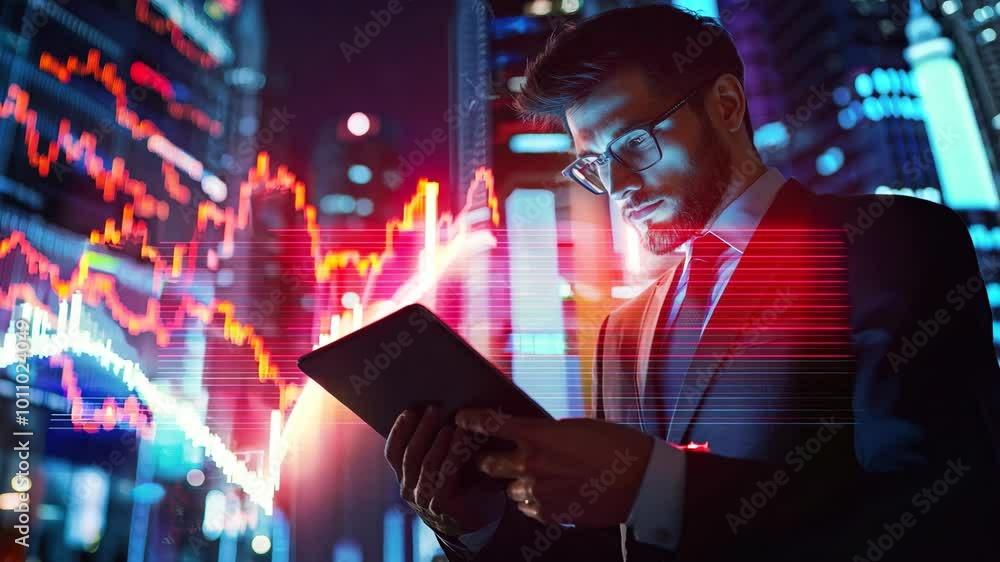 A man in a suit is looking at a tablet with a graph on it A man in a suit is looking at a tablet with a graph on it