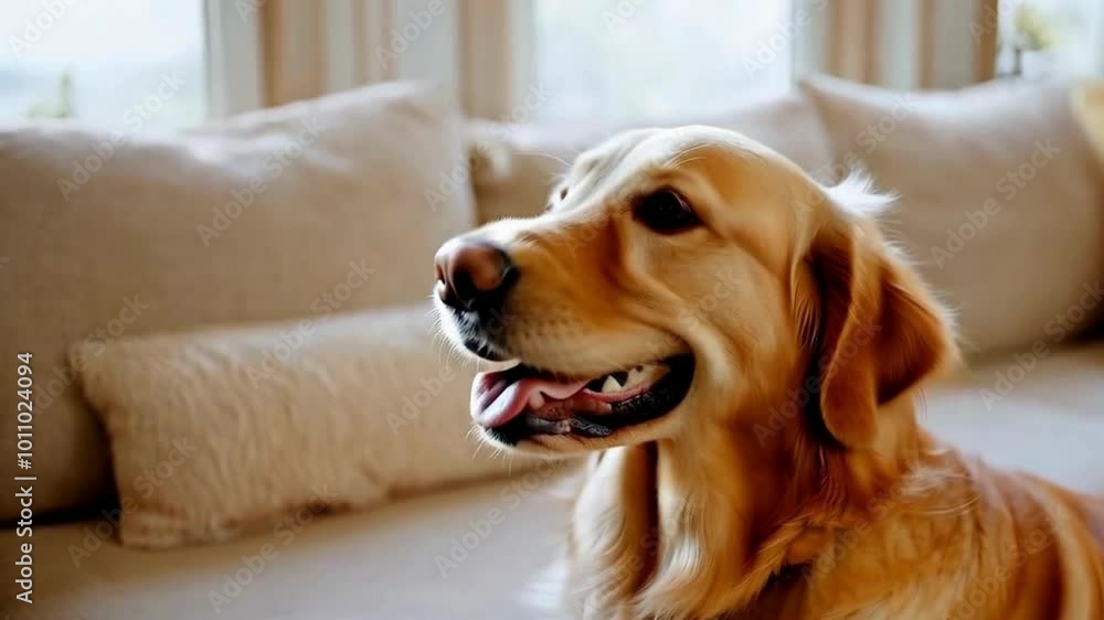 golden retriever, cozy living room, pet, dog, sofa, indoor, home, relaxation, companion, playful, comfort, furry friend, warm atmosphere, family, adorable golden retriever, cozy living room, pet, dog, sofa, indoor, home, relaxation, companion, playful, comfort, furry friend, warm atmosphere, family, adorable
