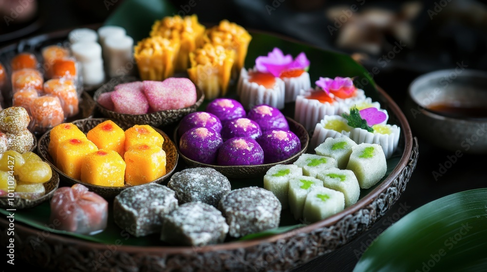A collection of sweetmeats beautifully arranged on a traditional Thai platter, showcasing cultural heritage through food. A collection of sweetmeats beautifully arranged on a traditional Thai platter, showcasing cultural heritage through food.