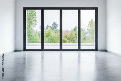 Modern, empty room with a polished concrete floor and large four-panel glass window offering a view of lush greenery outside