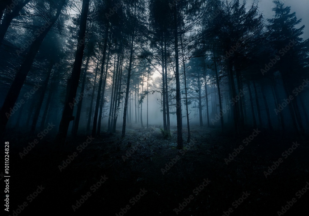 A misty forest with tall trees and a hint of sunlight breaking through the dense foliage. A misty forest with tall trees and a hint of sunlight breaking through the dense foliage.