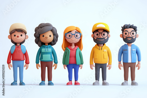 A diverse group of five cartoon characters dressed in casual attire standing together with cheerful expressions against a simple backdrop