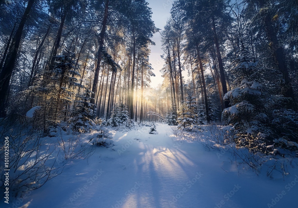 Sunlight streams through a snowy forest, casting long shadows on the pristine white landscape. Sunlight streams through a snowy forest, casting long shadows on the pristine white landscape.