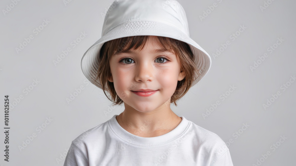 Little girl with short hair wearing white t-shirt and white bucket hat isolated on grey background
