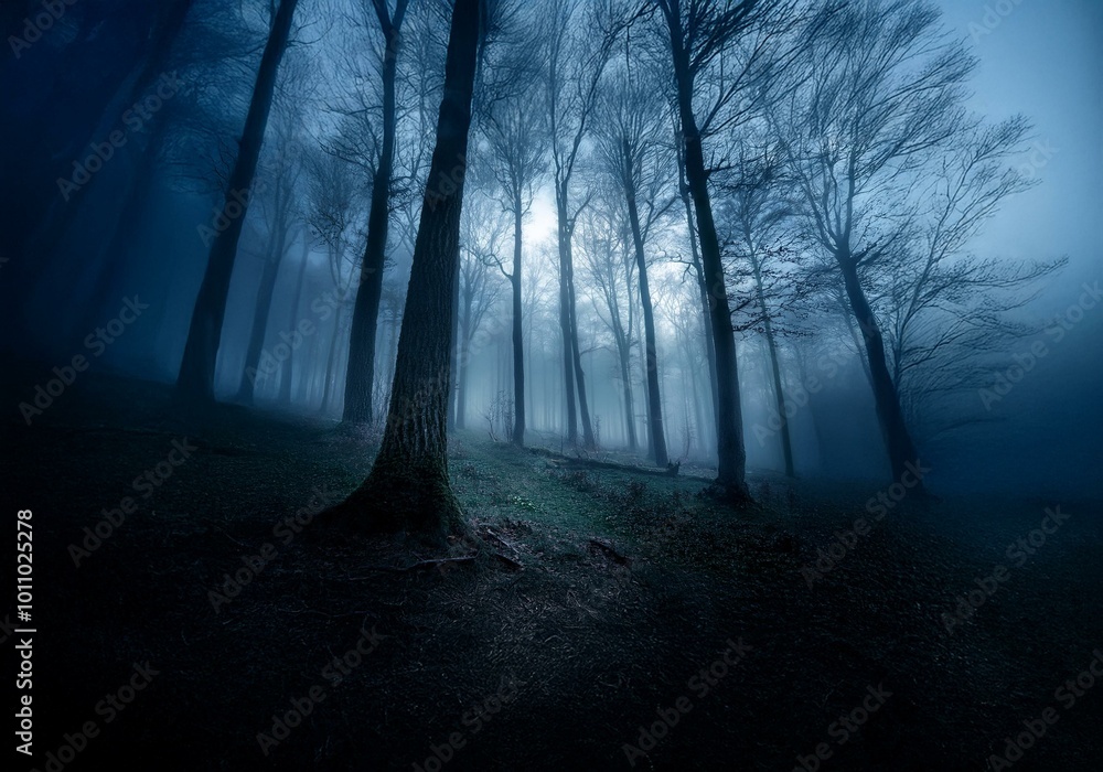 A misty forest with tall trees and blue hues. A misty forest with tall trees and blue hues.